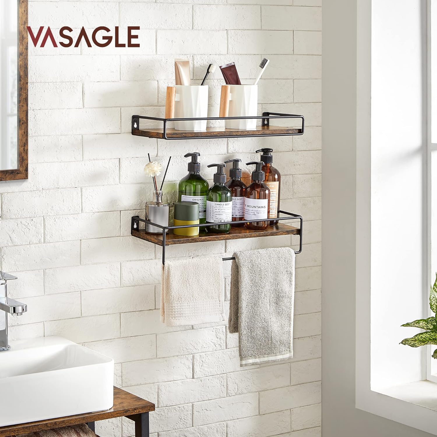 VASAGLE Set 2 rafturi perete cu bara metalica, stil industrial, 40x16x9 cm, maro rustic