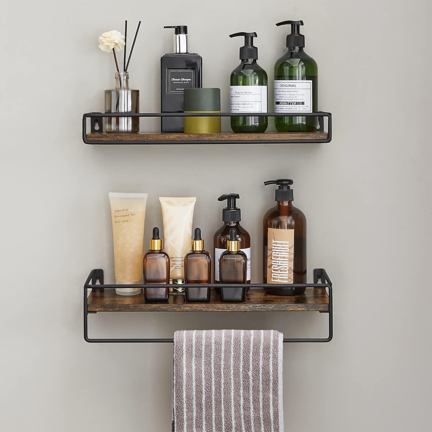 VASAGLE Set 2 rafturi perete cu bara metalica, stil industrial, 40x16x9 cm, maro rustic