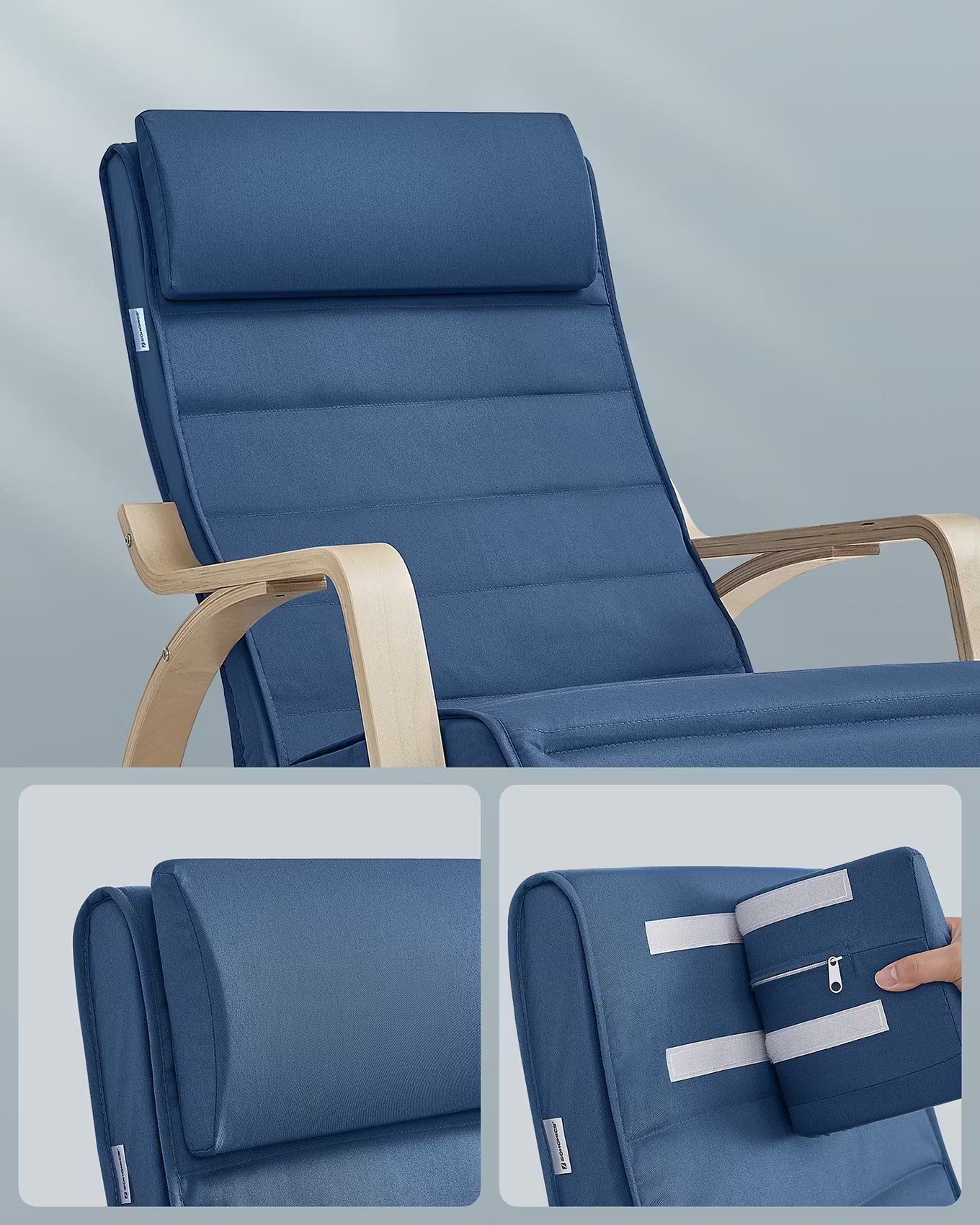 SONGMICS Scaun balansoar din lemn, suport picioare reglabil, maxim 150kg, 122x67x84 cm, albastru inchis