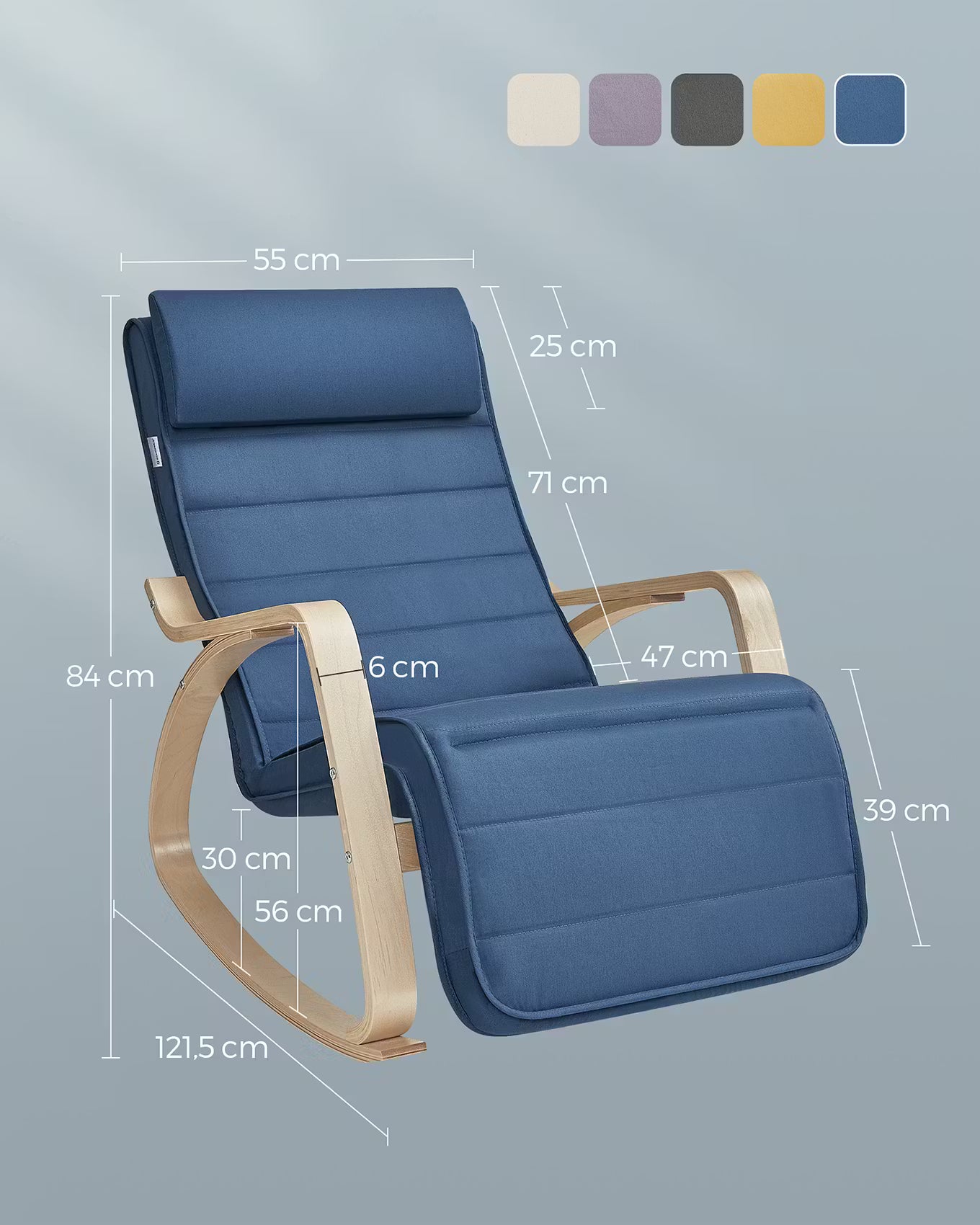 SONGMICS Scaun balansoar din lemn, suport picioare reglabil, maxim 150kg, 122x67x84 cm, albastru inchis