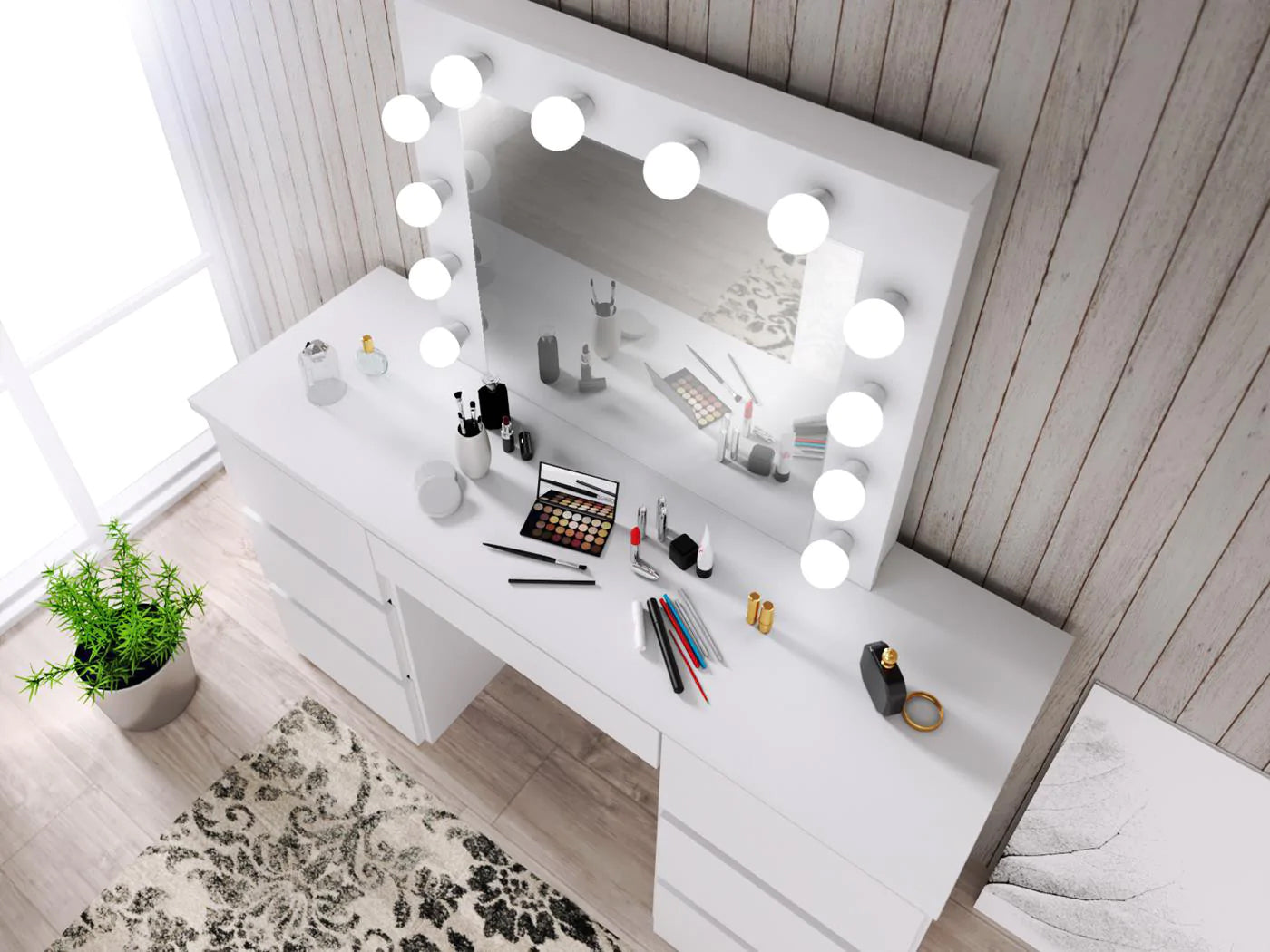 Oglinda machiaj cu 12 becuri LED, lumina neutra, 80x10x65 cm, alb - 3