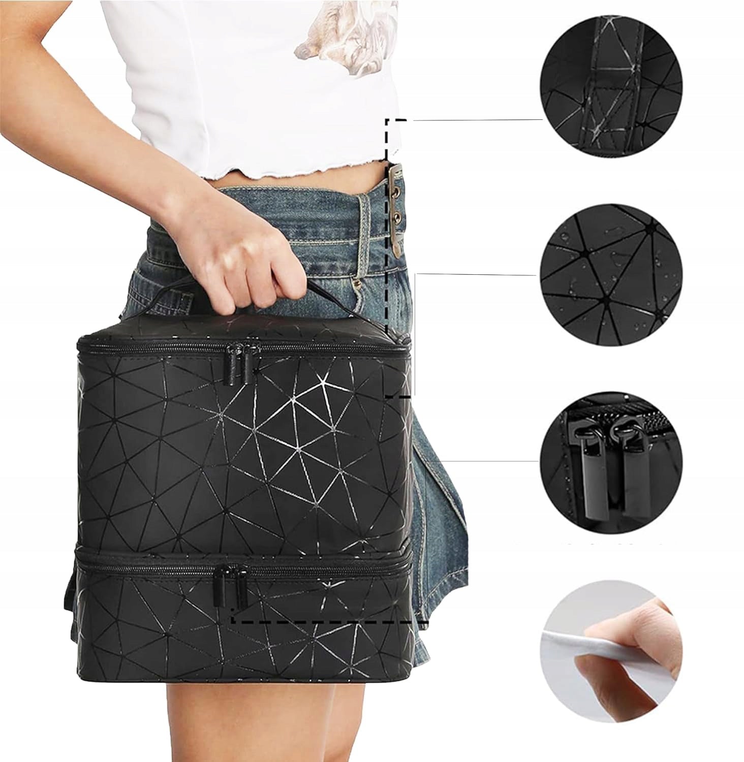 Organizator cosmetica tip beauty cu 2 compartimente, piele ecologica, 24x24x20 cm