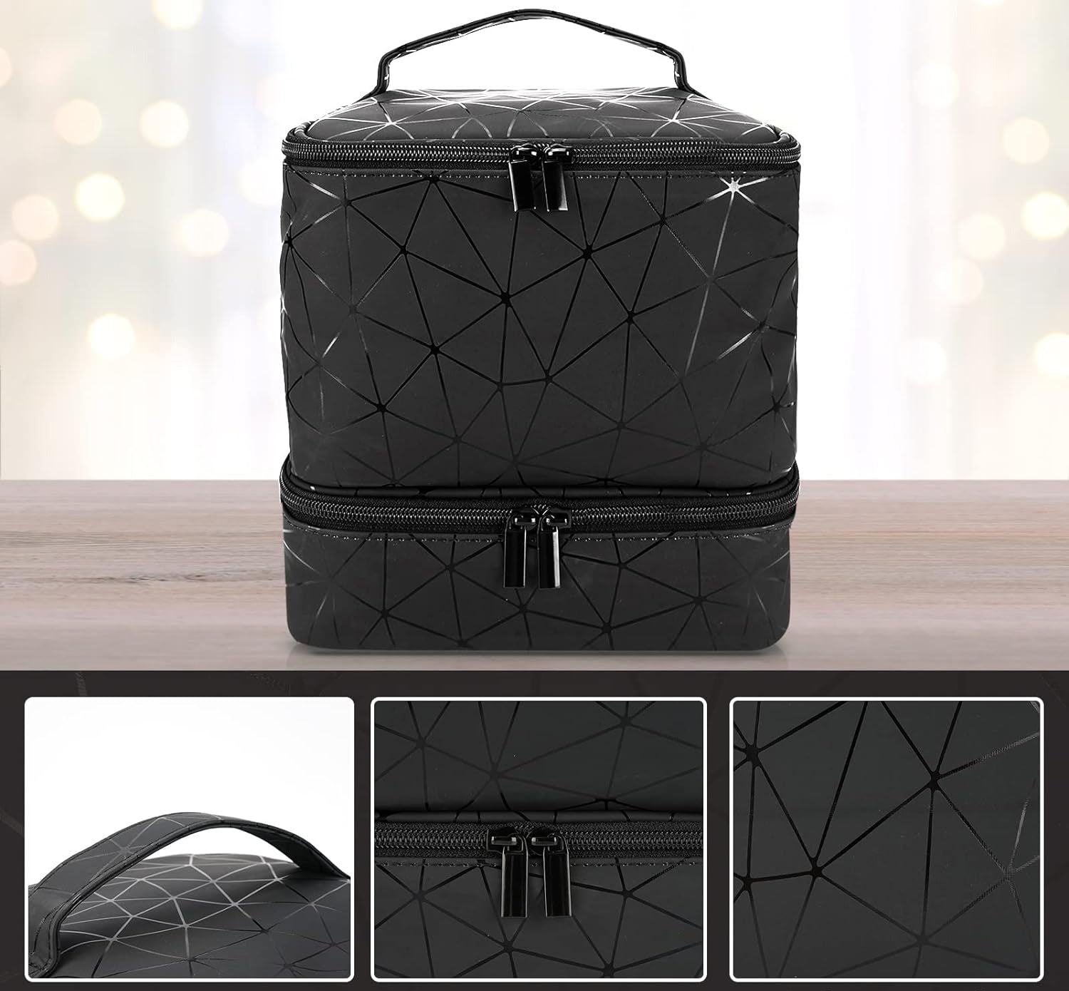 Organizator cosmetica tip beauty cu 2 compartimente, piele ecologica, 24x24x20 cm