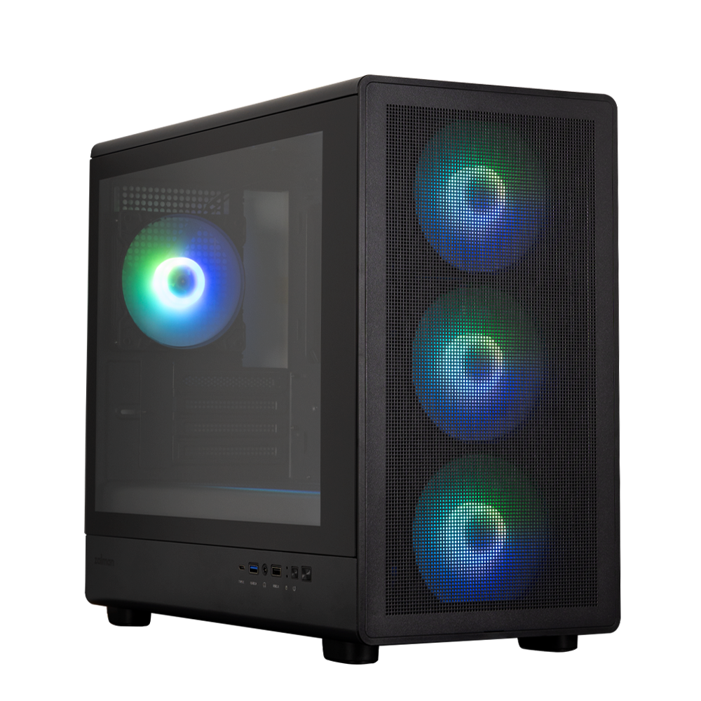 CARCASA Zalman "M5", mini tower, gaming, fara sursa, suporta 12xfan, 4xfan inclus, PSU shroud, afisaj electronic, USB Type-C x 1, USBx2, audio+mic, 4 sloturi expansiune, negru, "M5 Black"