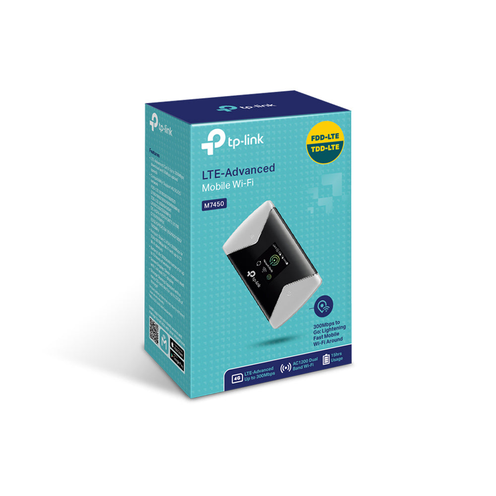 ROUTER TP-LINK wireless. portabil, 4G Mobile Wi-Fi, 300Mbps, Internal LTE Modem, SIM card slot, TFT screen display, rechargeable battery, micro SD card slot "M7450"