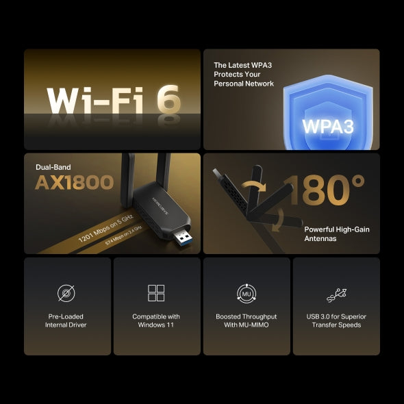 ADAPTOR RETEA MERCUSYS, AX1800 extern wireless dual band 2.4 GHz | 5 GHz, USB 3.0, Wi-Fi 6, 1800 Mbps, antena externa x 2, 