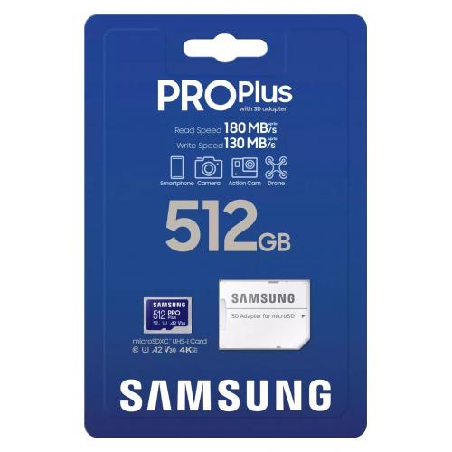 Samsung PRO Plus 512GB microSD UHS-I U3 Full HD 4K UHD 180MB/s Read 130MB/s Write Memory Card Incl. SD-Adapter 2023