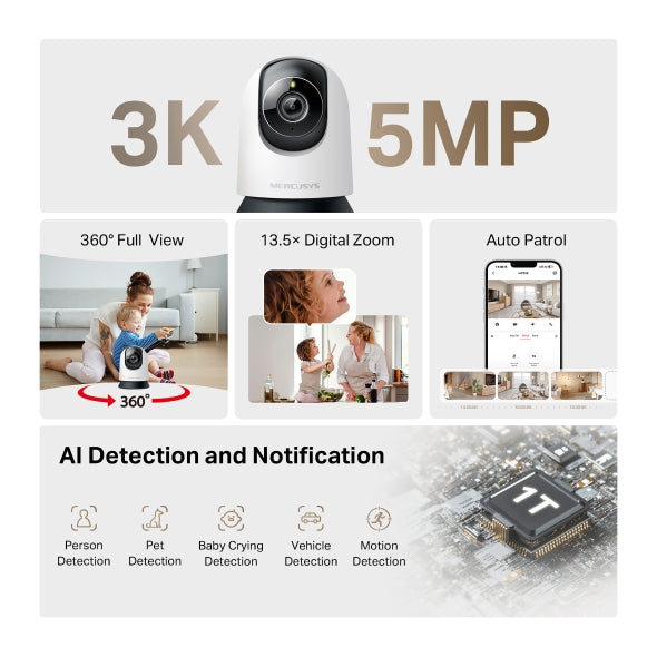 CAMERA IP Mercusys, wireless, cube, pt. interior IP65, vedere pan tilt 360°, dist. IR 9 m, tip lentila fixa 4 mm, rezolutie 3K 5Mp, microfon, carcasa plastic, slot SD card, "MC230"
