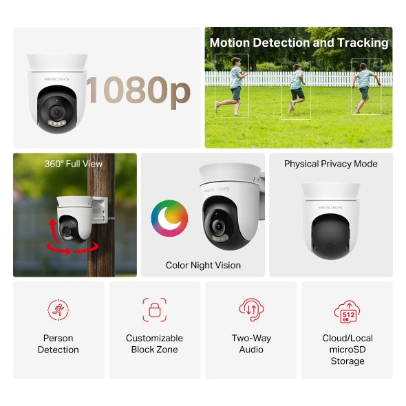 CAMERA IP Mercusys, wireless, cube, pt. exterior IP65, vedere pan tilt 360°, dist. IR 9 m, tip lentila fixa 4 mm, rezolutie 1080p, microfon, carcasa metal, slot SD card, "MC500"