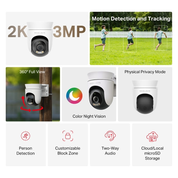 CAMERA IP Mercusys, wireless, cube, pt. exterior IP65, vedere pan tilt 360°, dist. IR 9 m, tip lentila fixa 4 mm, rezolutie 2K, microfon, carcasa metal, slot SD card, "MC510"
