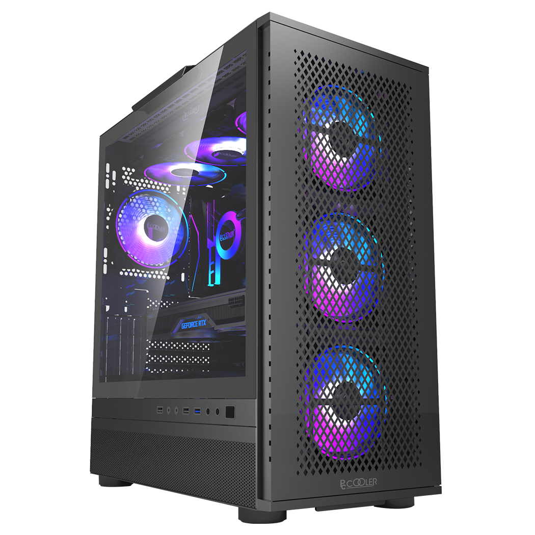 CARCASA PCCOOLER, Tower, ATX, fara sursa, sticla securizata, 3 ventilatoare incluse, iluminare ARGB, negru, USB 3.2 gen 1 x 1, USB 2.0 x 2, mic, audio, 