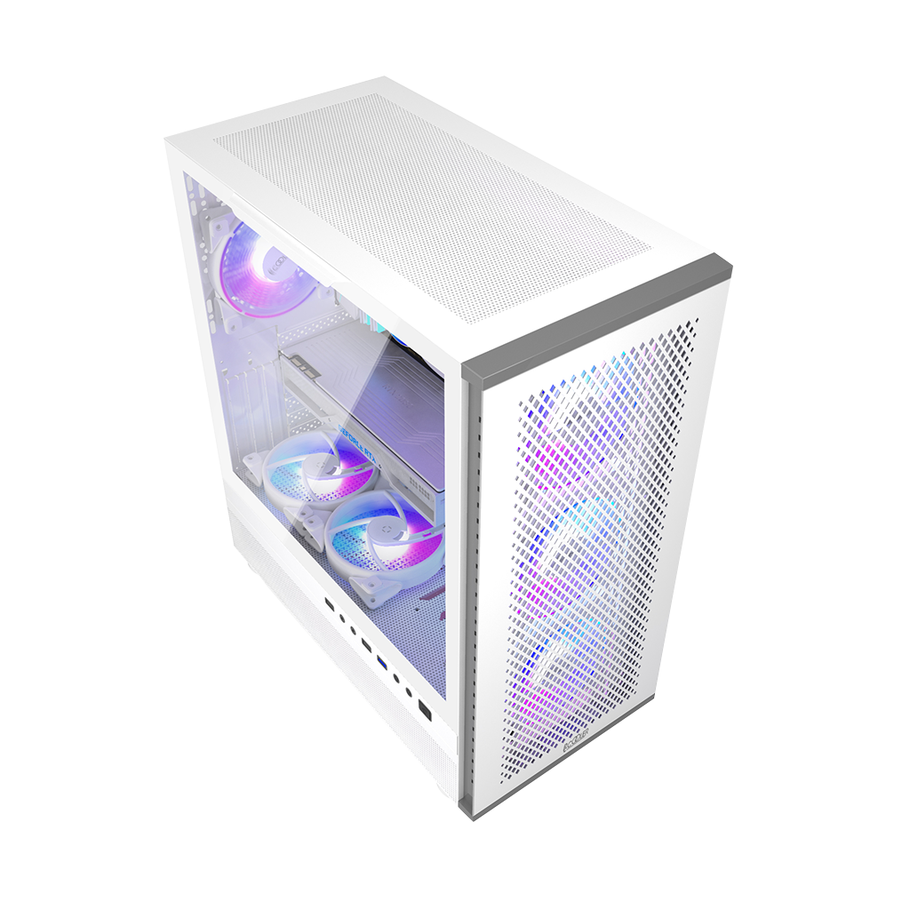 CARCASA PCCOOLER, Tower, ATX, fara sursa, sticla securizata, 3 ventilatoare incluse, iluminare ARGB, alb, USB 3.2 gen 1 x 1, USB 2.0 x 2, mic, audio, "ME200 MESH WH"