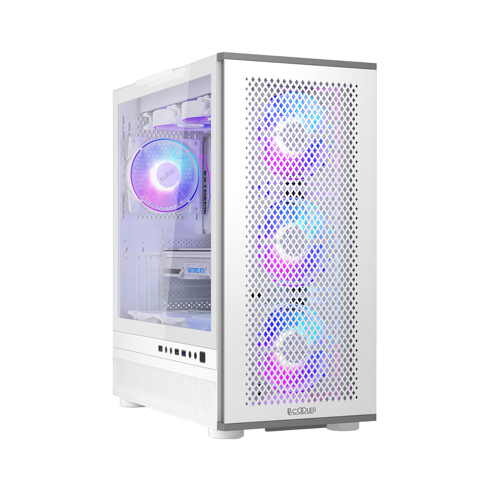 CARCASA PCCOOLER, Tower, ATX, fara sursa, sticla securizata, 3 ventilatoare incluse, iluminare ARGB, alb, USB 3.2 gen 1 x 1, USB 2.0 x 2, mic, audio, "ME200 MESH WH"