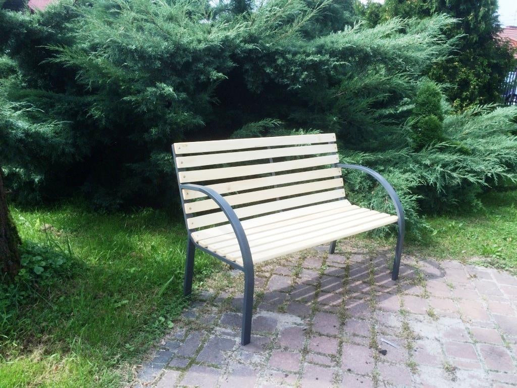 Banca de gradina din lemn, cadru din otel cu spatar, 120x60x80 cm, maro natur