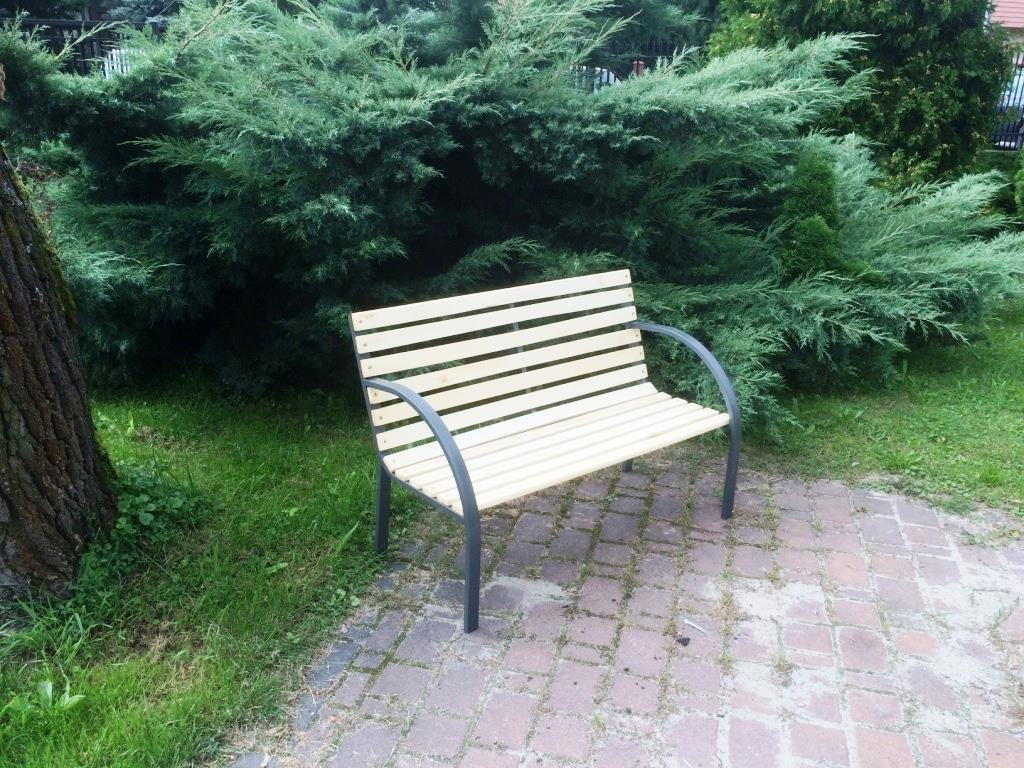 Banca de gradina din lemn, cadru din otel cu spatar, 120x60x80 cm, maro natur