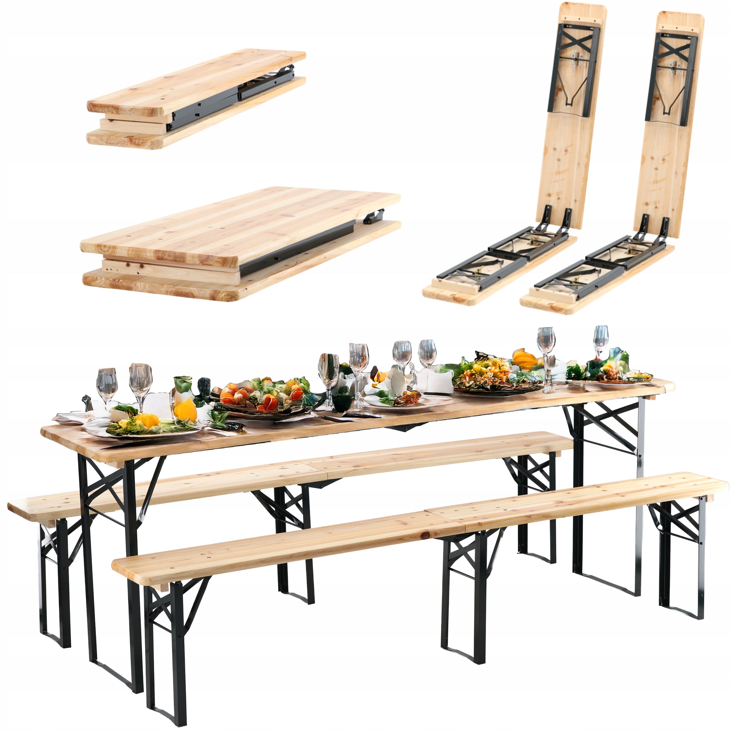 Set berarie din lemn masiv, plabil, pentru terasa sau gradina, o masa si doua banci, 220x50 cm, natur