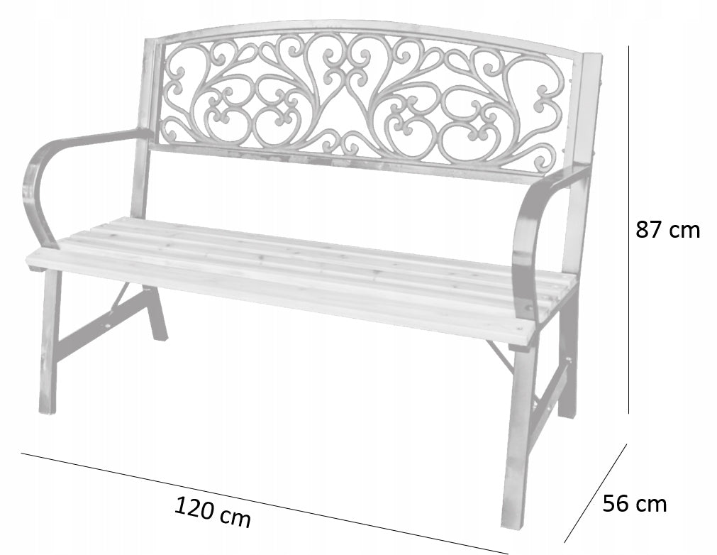 Banca de gradina din lemn si cadru otel, cu spatar decorativ, 120x56x87 cm, negru si maro natur