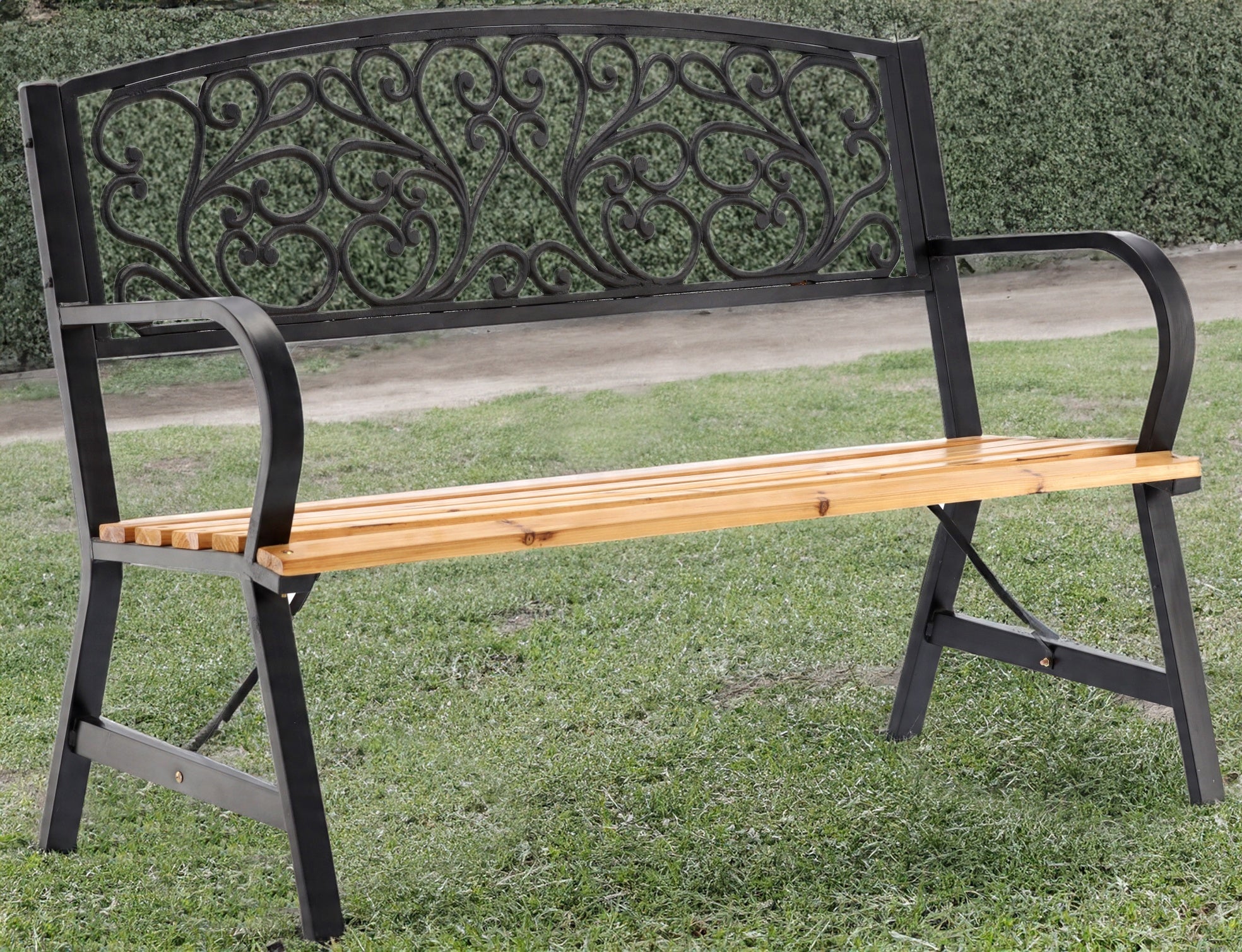 Banca de gradina din lemn si cadru otel, cu spatar decorativ, 120x56x87 cm, negru si maro natur