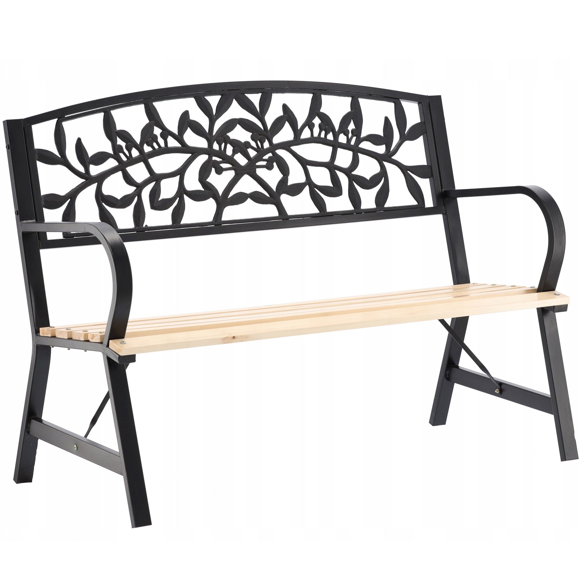 Banca de gradina din lemn si otel cu spatar decorativ model frunze, 120x56x87 cm, negru si maro natur