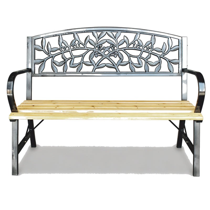 Banca de gradina din lemn si otel cu spatar decorativ model frunze, 120x56x87 cm, negru si maro natur