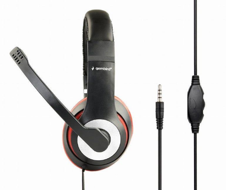 CASTI Gembird, cu fir, standard, utilizare multimedia, call center, microfon pe brat, conectare prin Jack 3.5 mm, red / negru, "MHS-03-BKRD", (timbru verde 0.8 lei)