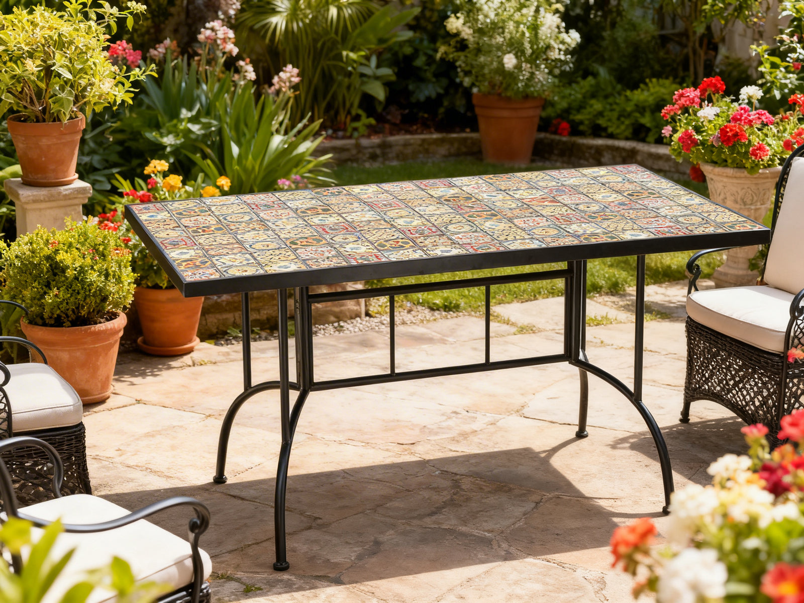 Masa de gradina dreptunghiulara cu blat mozaic si cadru metalic, 150x80x74 cm