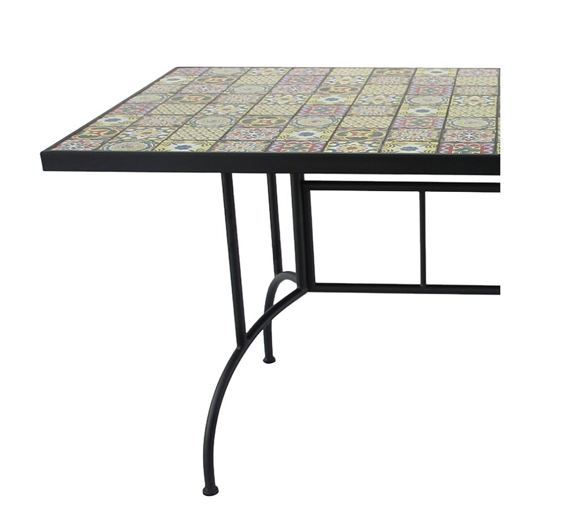 Masa de gradina dreptunghiulara cu blat mozaic si cadru metalic, 150x80x74 cm