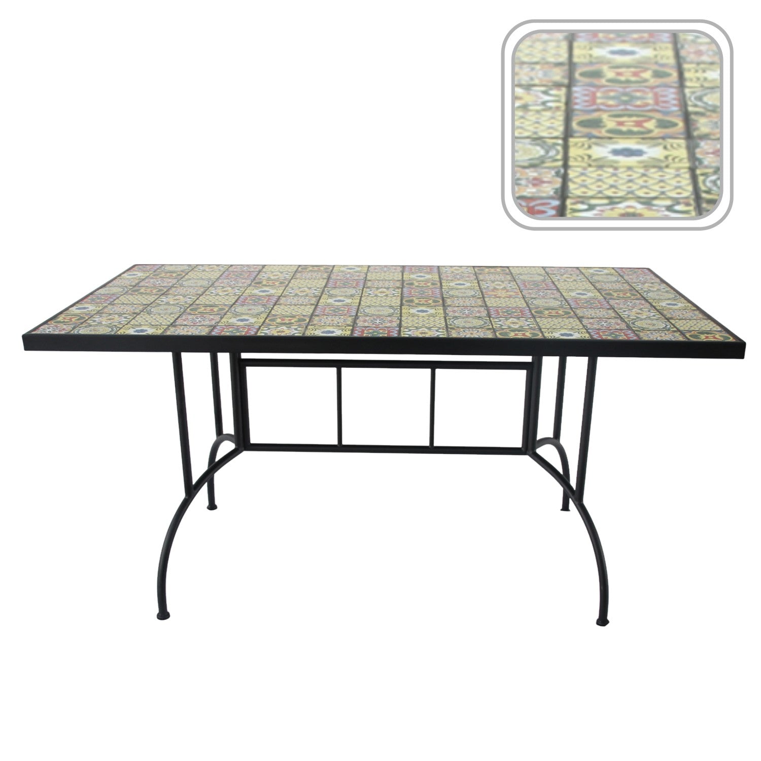 Masa de gradina dreptunghiulara cu blat mozaic si cadru metalic, 150x80x74 cm