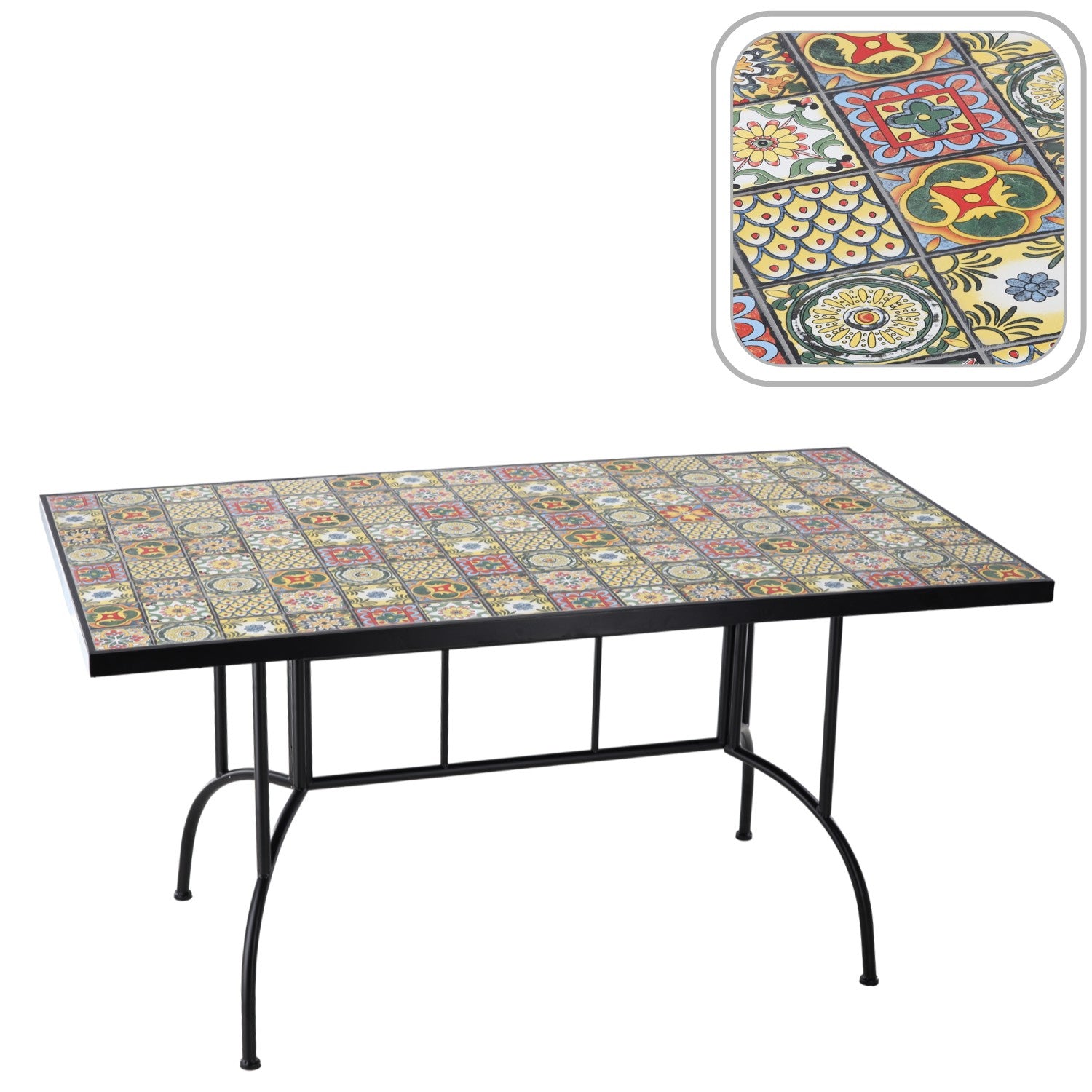 Masa de gradina dreptunghiulara cu blat mozaic si cadru metalic, 150x80x74 cm