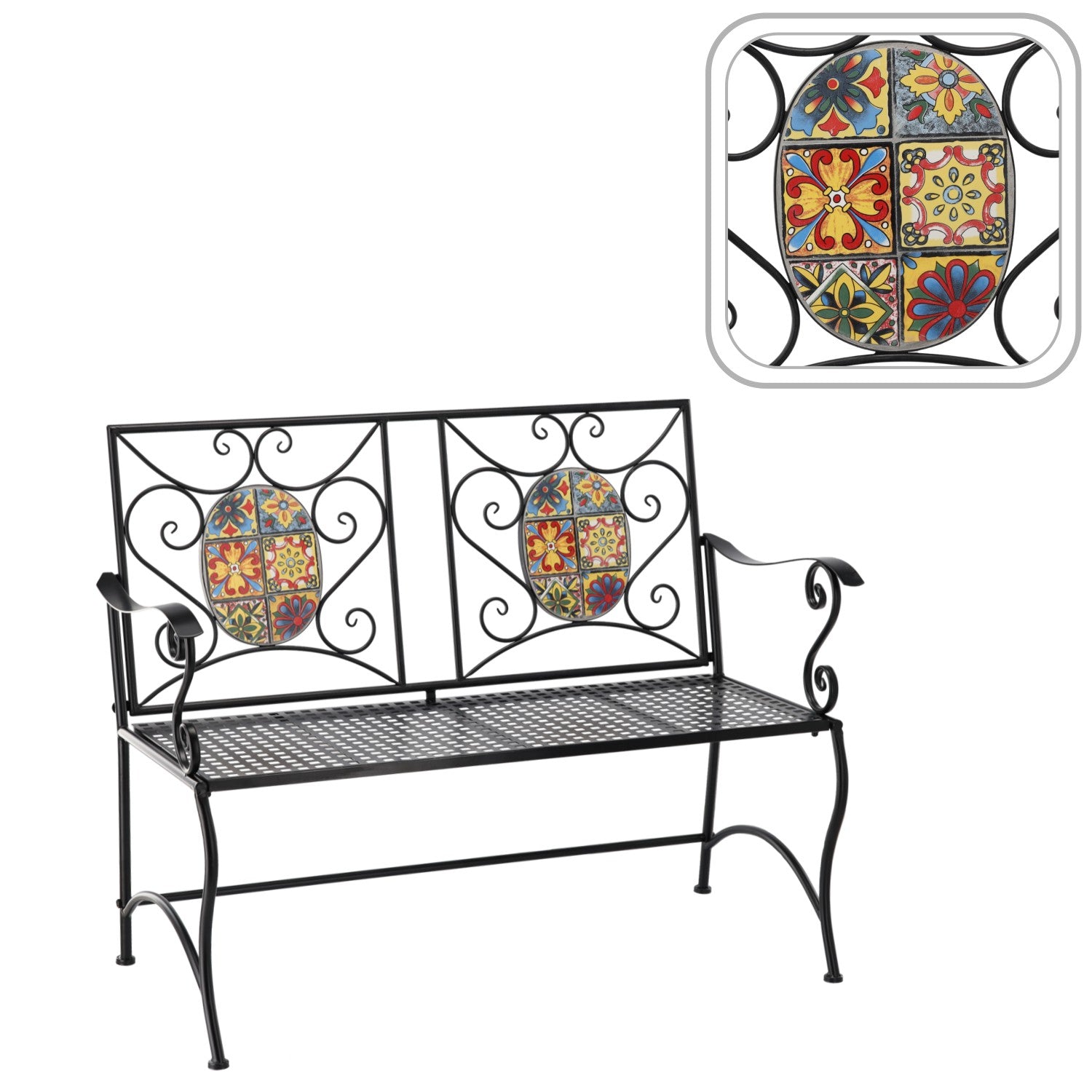 Banca de gradina, cadru metalic cu mozaic decorativ, 115x56x90 cm, negru