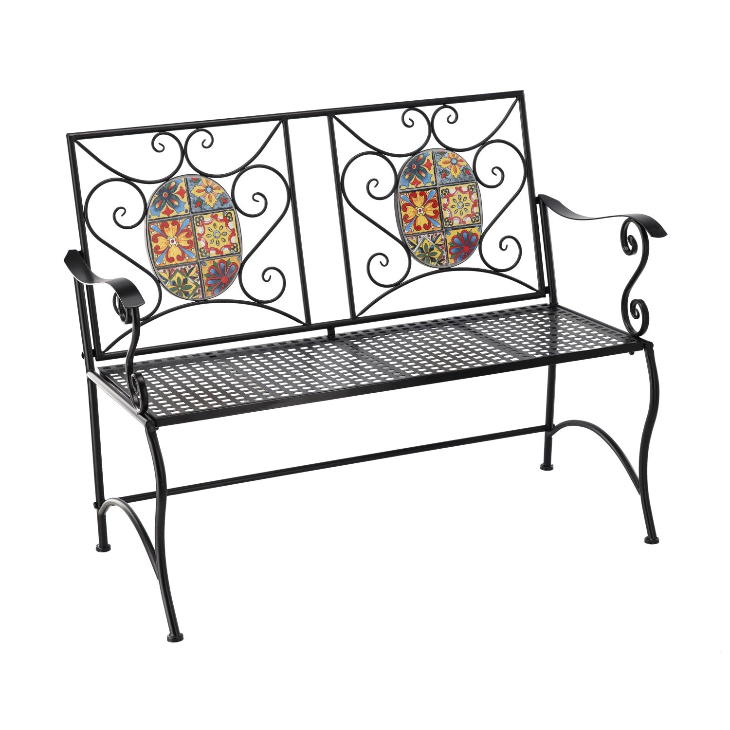 Banca de gradina, cadru metalic cu mozaic decorativ, 115x56x90 cm, negru