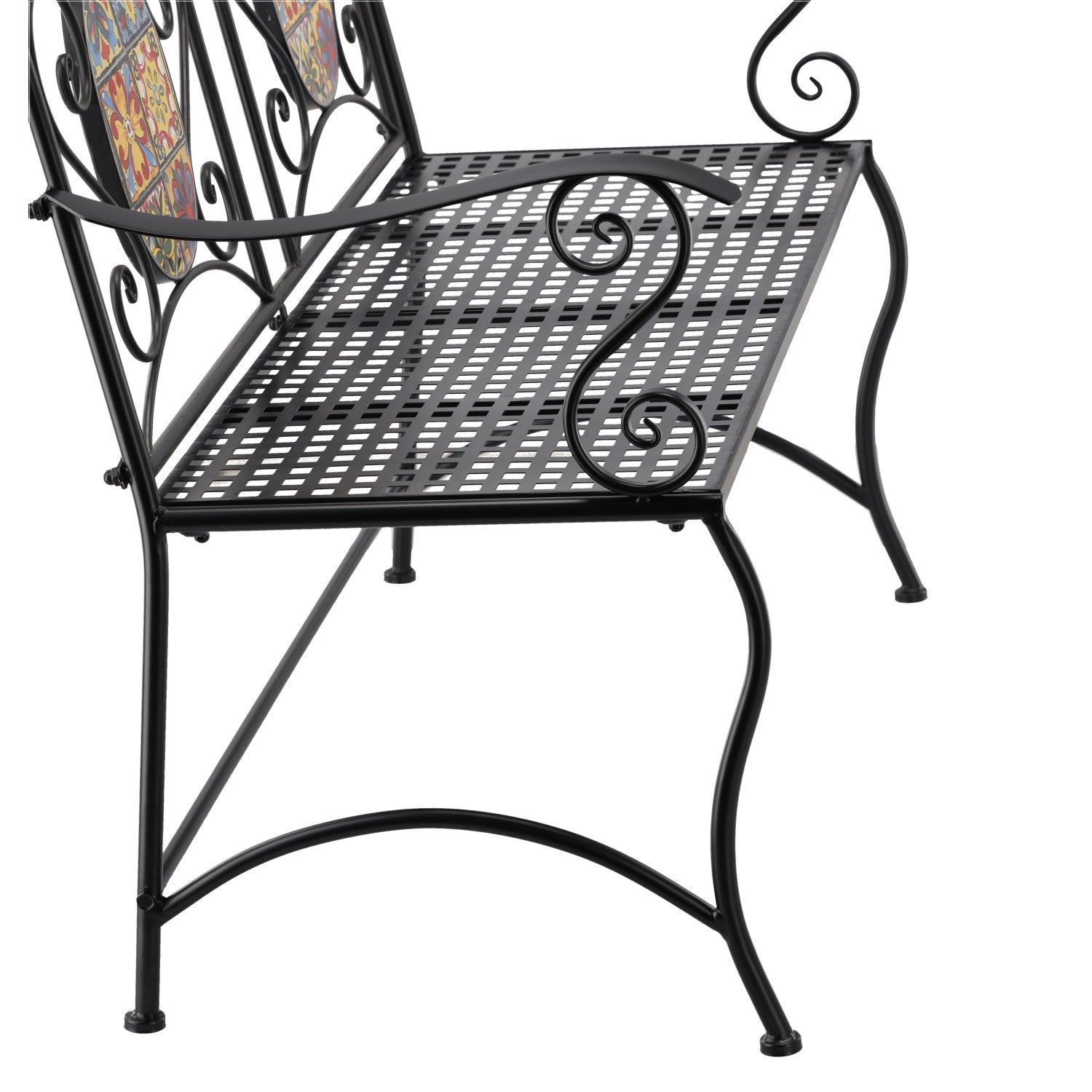 Banca de gradina, cadru metalic cu mozaic decorativ, 115x56x90 cm, negru