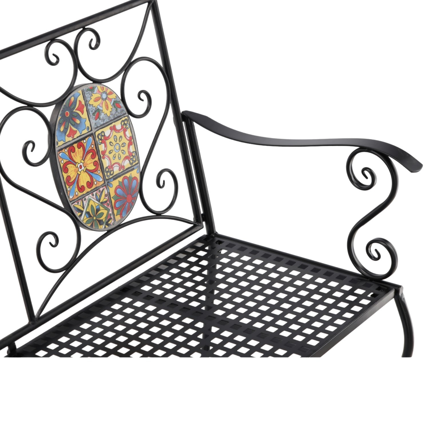 Banca de gradina, cadru metalic cu mozaic decorativ, 115x56x90 cm, negru