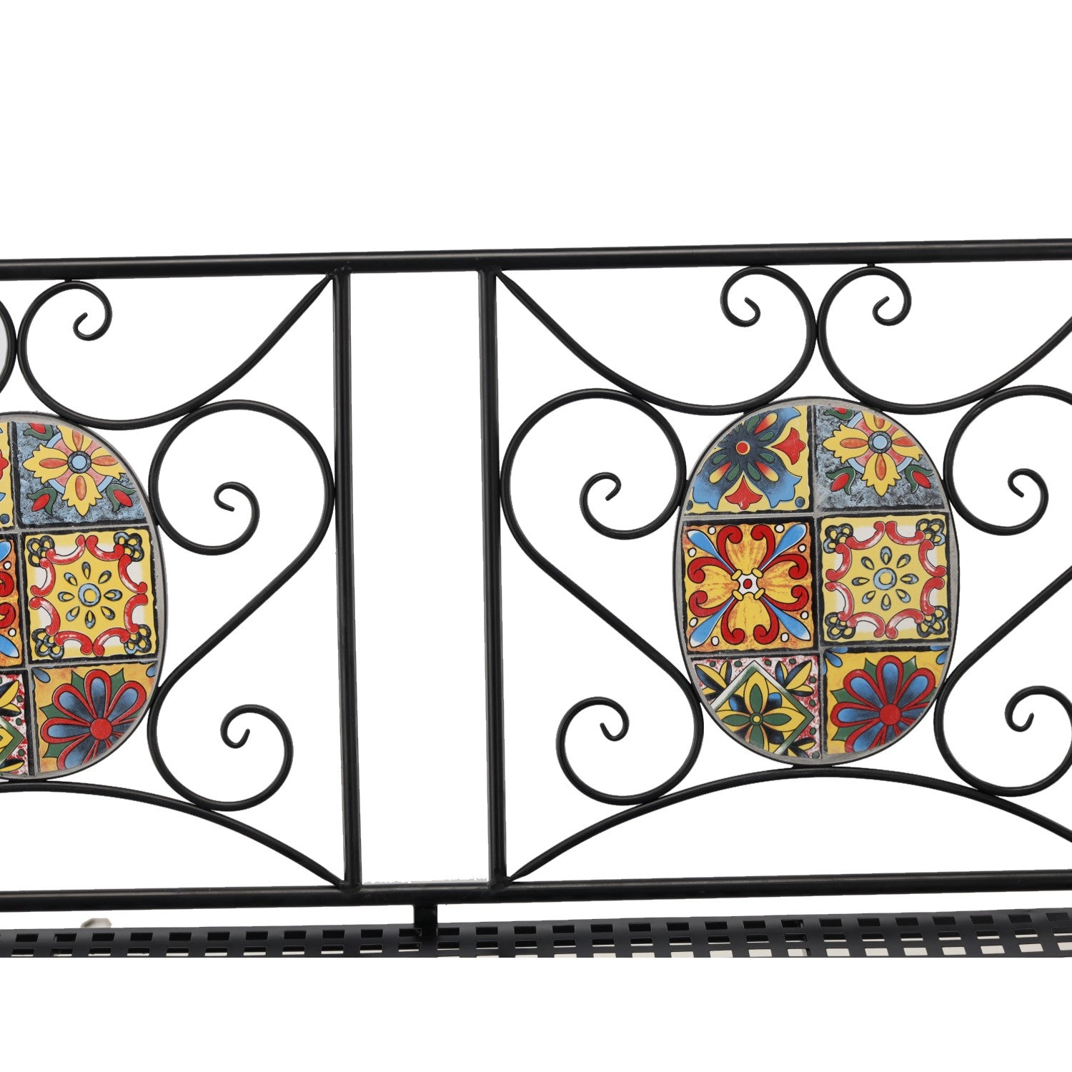 Banca de gradina, cadru metalic cu mozaic decorativ, 115x56x90 cm, negru