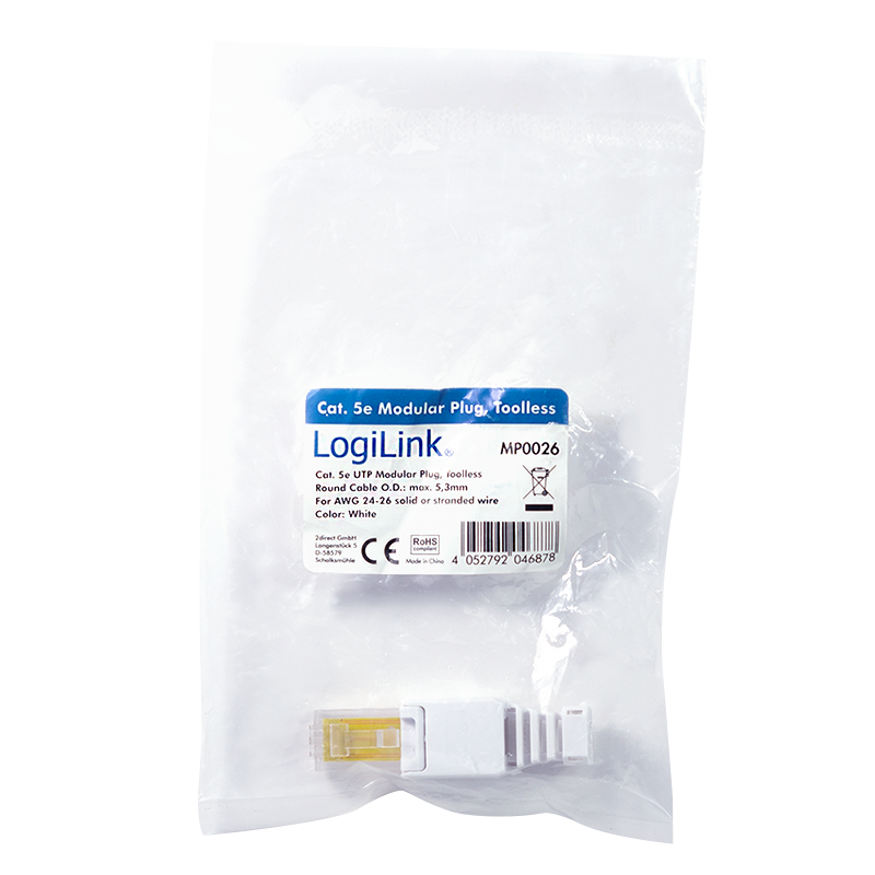 MUFA RJ-45 LOGILINK pt. cablu UTP, Cat5e, RJ-45 (T), manson, pentru cablu solid/litat AWG24-26, cablu 5.3mm, tool-free,1 buc, "MP0026"
