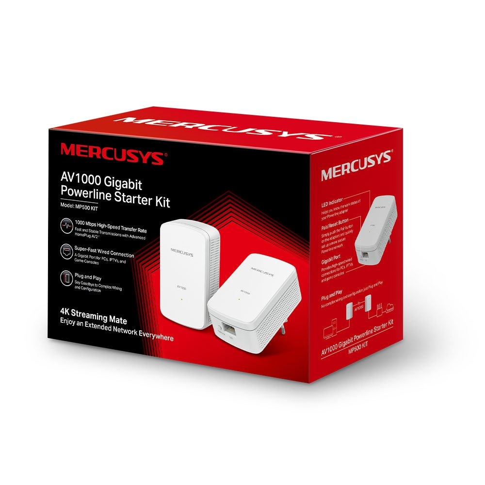 KIT ADAPTOR si AMPLIFICATOR POWERLINE MERCUSYS, tehnologie AV2, AV1000, pana la 1000 mBPS, RJ-45 x 1 porturi 10/100/1000 Mbps, 2 buc, "MP500 KIT"