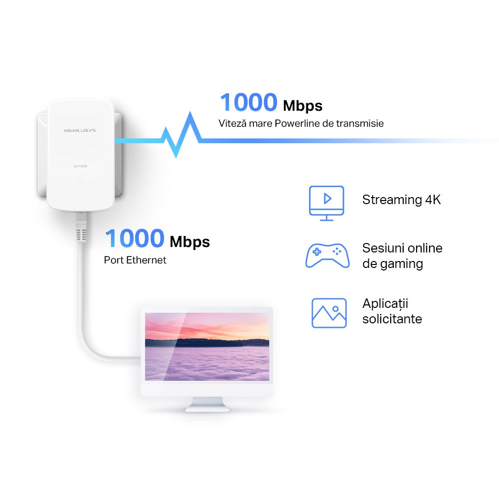 KIT ADAPTOR si AMPLIFICATOR POWERLINE MERCUSYS, tehnologie AV2, AV1000, pana la 1000 mBPS, RJ-45 x 1 porturi 10/100/1000 Mbps, 2 buc, "MP500 KIT"