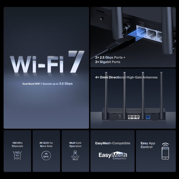 ROUTER Mercusys wireless, BE3600 viteze Wi-Fi 7 Dual Band de pana la 3600 Mbps ,1× 2.5 Gbps WAN + 1× 2.5 Gbps LAN + 2× 1 Gbps LAN, 4 antene, "MR27BE"
