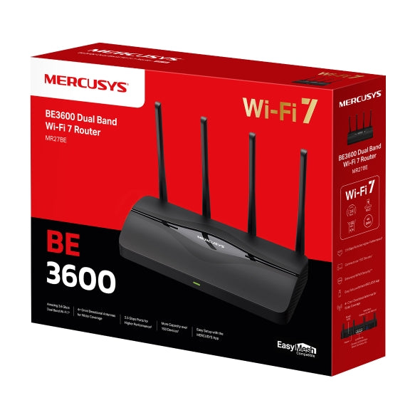ROUTER Mercusys wireless, BE3600 viteze Wi-Fi 7 Dual Band de pana la 3600 Mbps ,1× 2.5 Gbps WAN + 1× 2.5 Gbps LAN + 2× 1 Gbps LAN, 4 antene, "MR27BE"