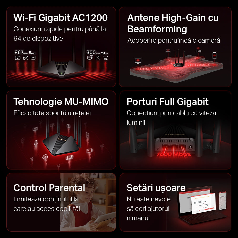 ROUTER MERCUSYS wireless 1200Mbps, 2 porturi LAN Gigabit, 1 port WAN Gigabit, Dual Band AC1200 4 x antena externa, "MR30G"