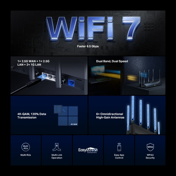 ROUTER MERCUSYS, BE6500, 1× 2.5 Gbps WAN port, 1× 2.5 Gbps LAN port si 2× 1 Gbps LAN, dual band 2.4 / 5 Ghz, Wi-Fi 7, 6 x antene externe, "MR37BE"