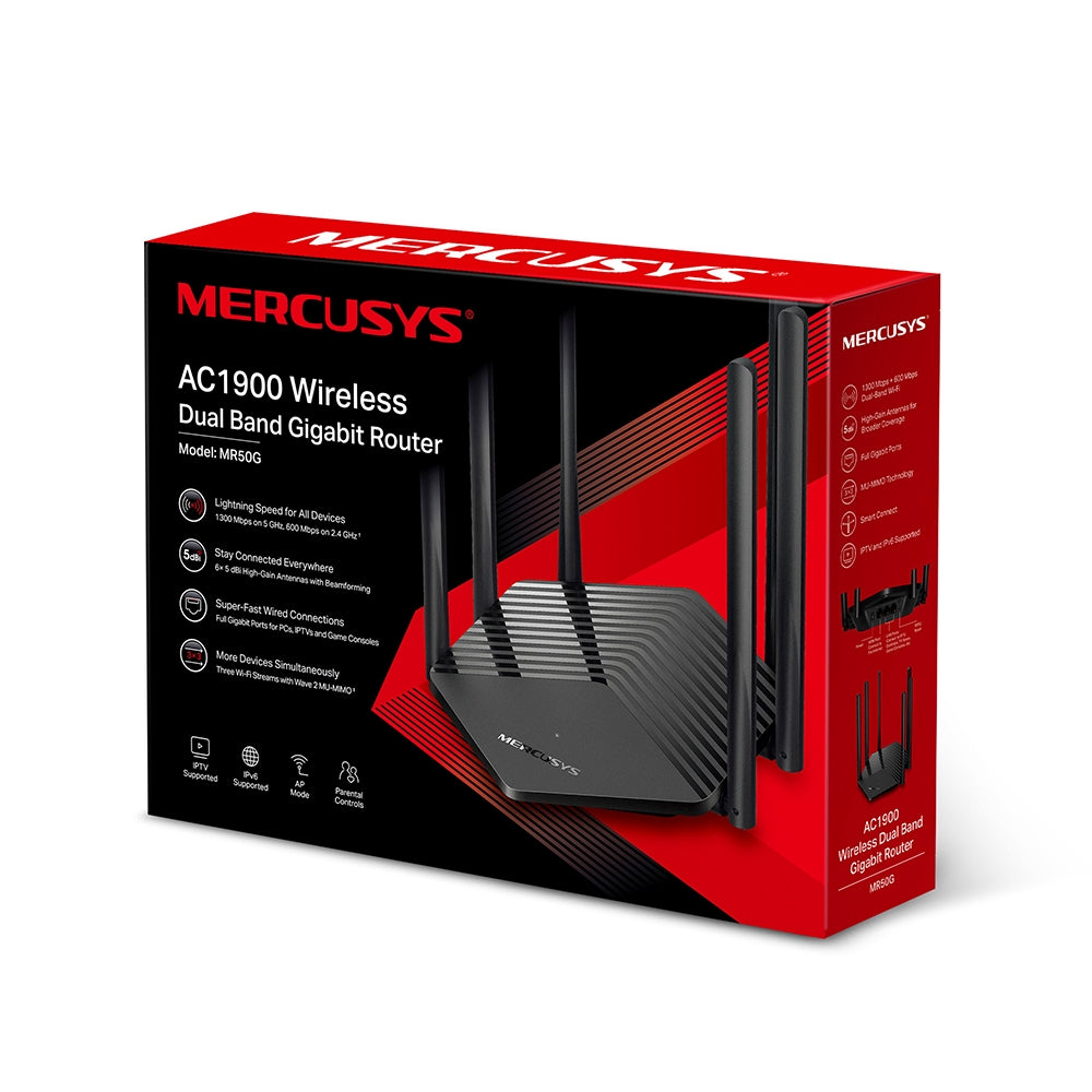 ROUTER MERCUSYS wireless 1900Mbps, 2 porturi LAN Gigabit, 1 port WAN Gigabit, Dual Band AC1900 6 x antena externa, "MR50G"