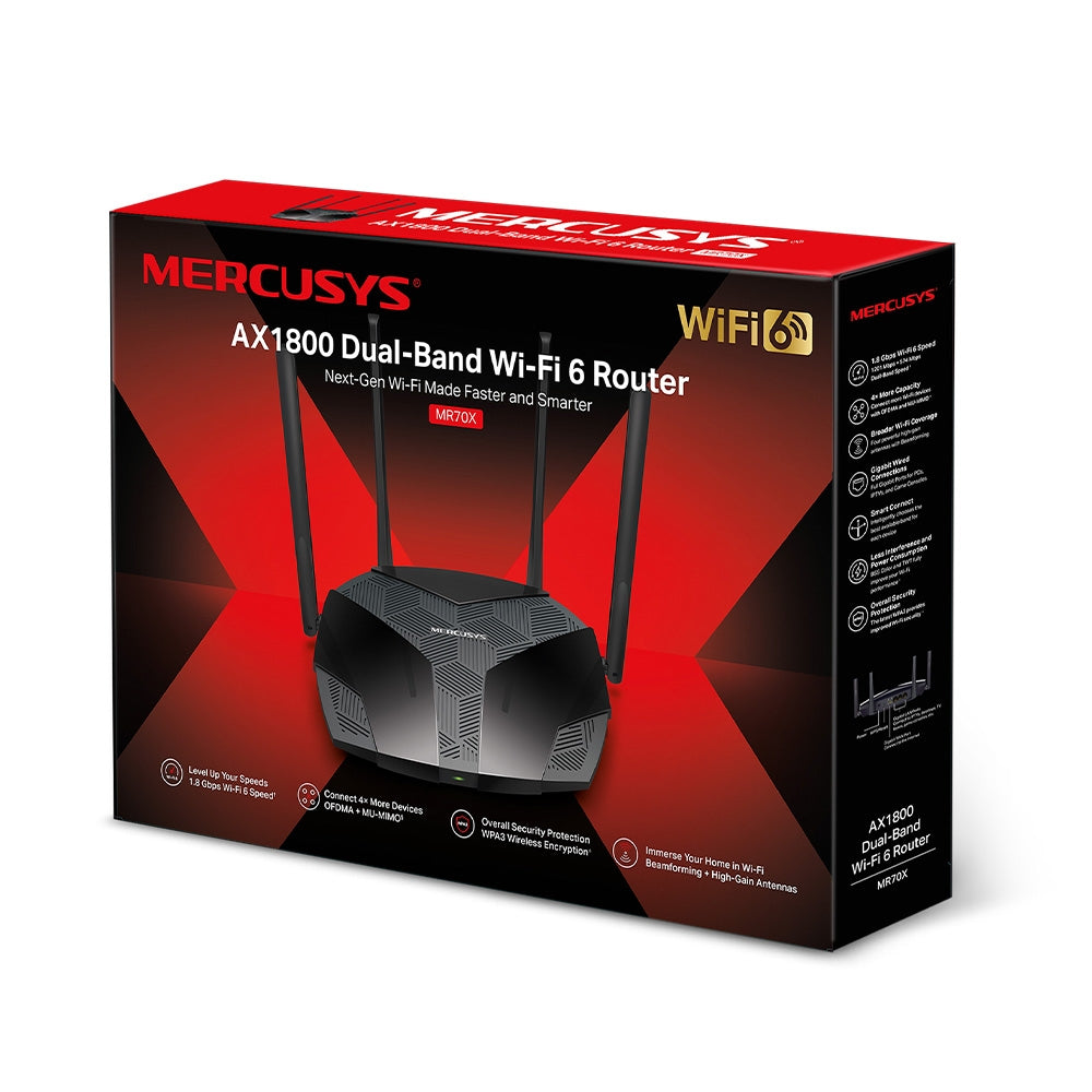 ROUTER MERCUSYS wireless 1800Mbps, 4 porturi LAN Gigabit, 1 port WAN Gigabit, Dual Band AC1800 4 x antena externa, Wi-Fi 6, "MR70X"