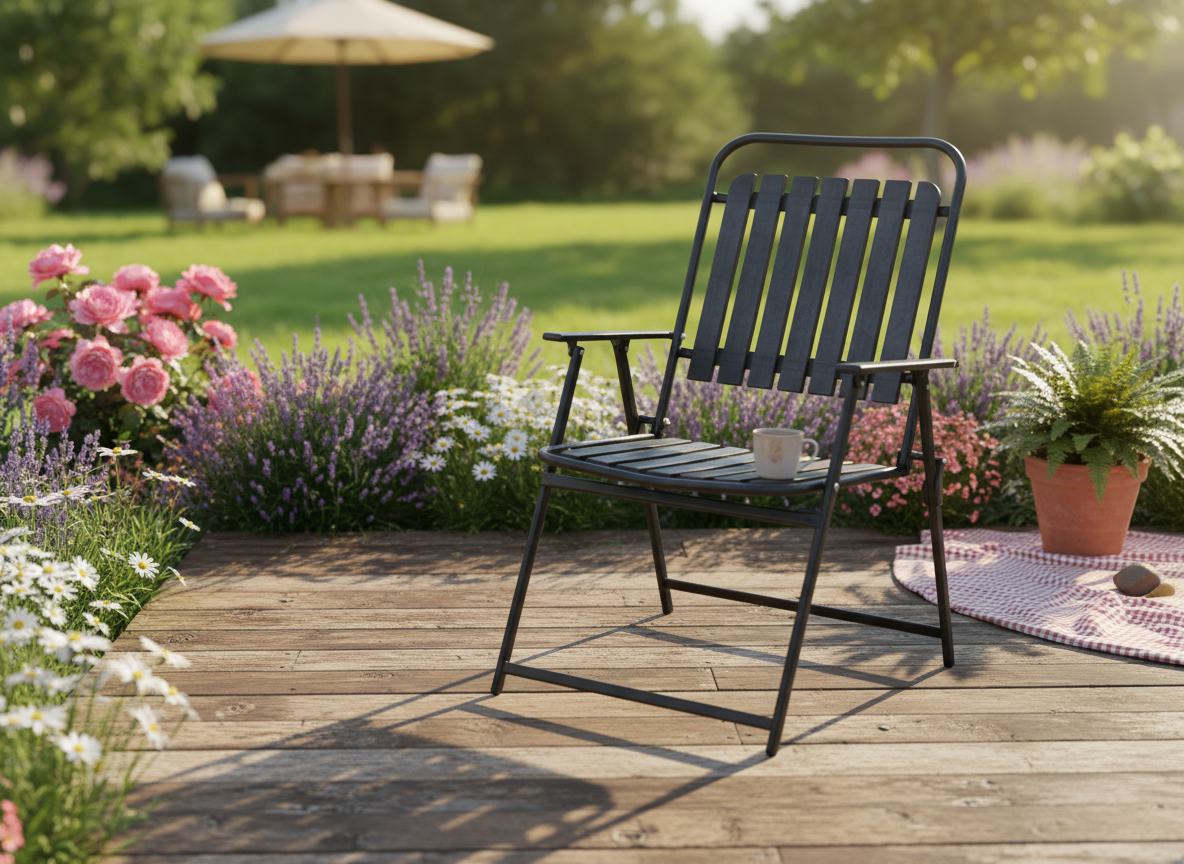 Scaun gradina pliabil cu cadru metalic si sezut PP, maxim 110 kg, 63x55x90 cm, negru