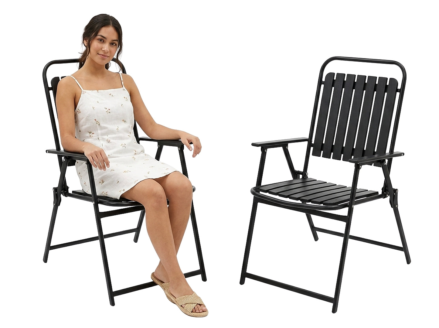 Scaun gradina pliabil cu cadru metalic si sezut PP, maxim 110 kg, 63x55x90 cm, negru