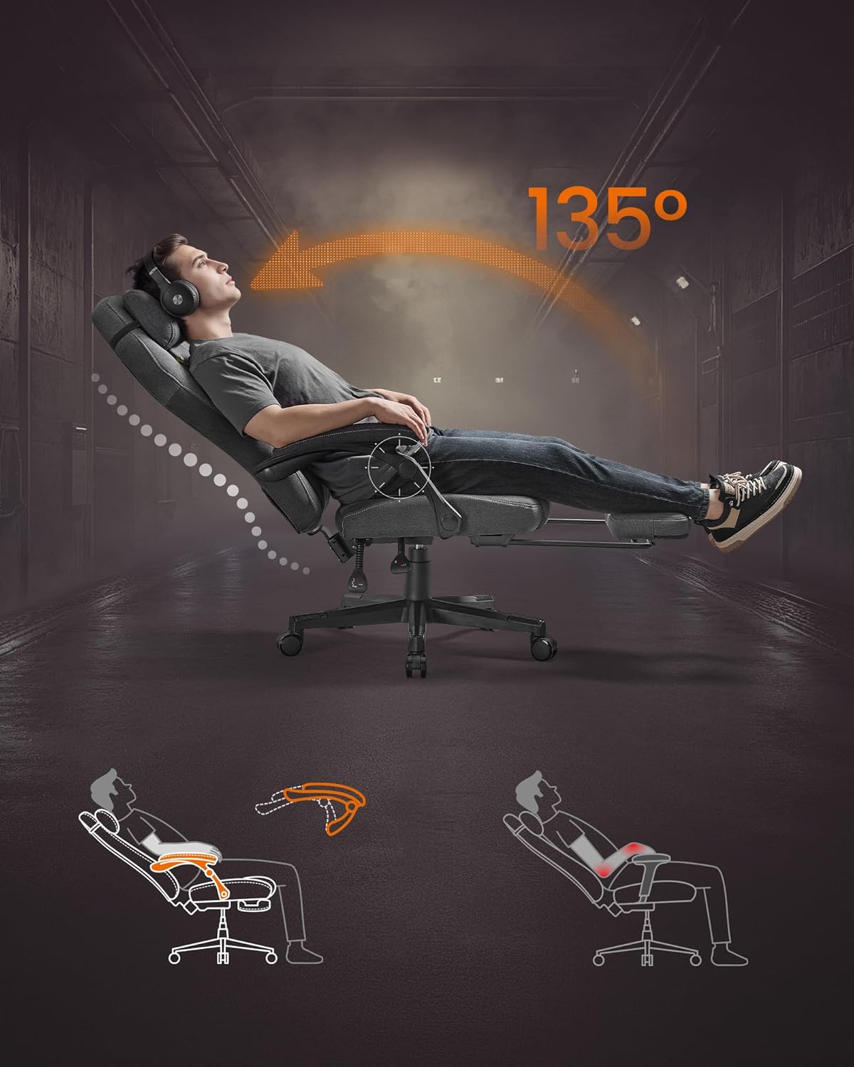 SONGMICS Scaun gaming ergonomic cu suport picioare, material textil bumbac si in, maxim 150 kg, 70x70x129 cm, gri