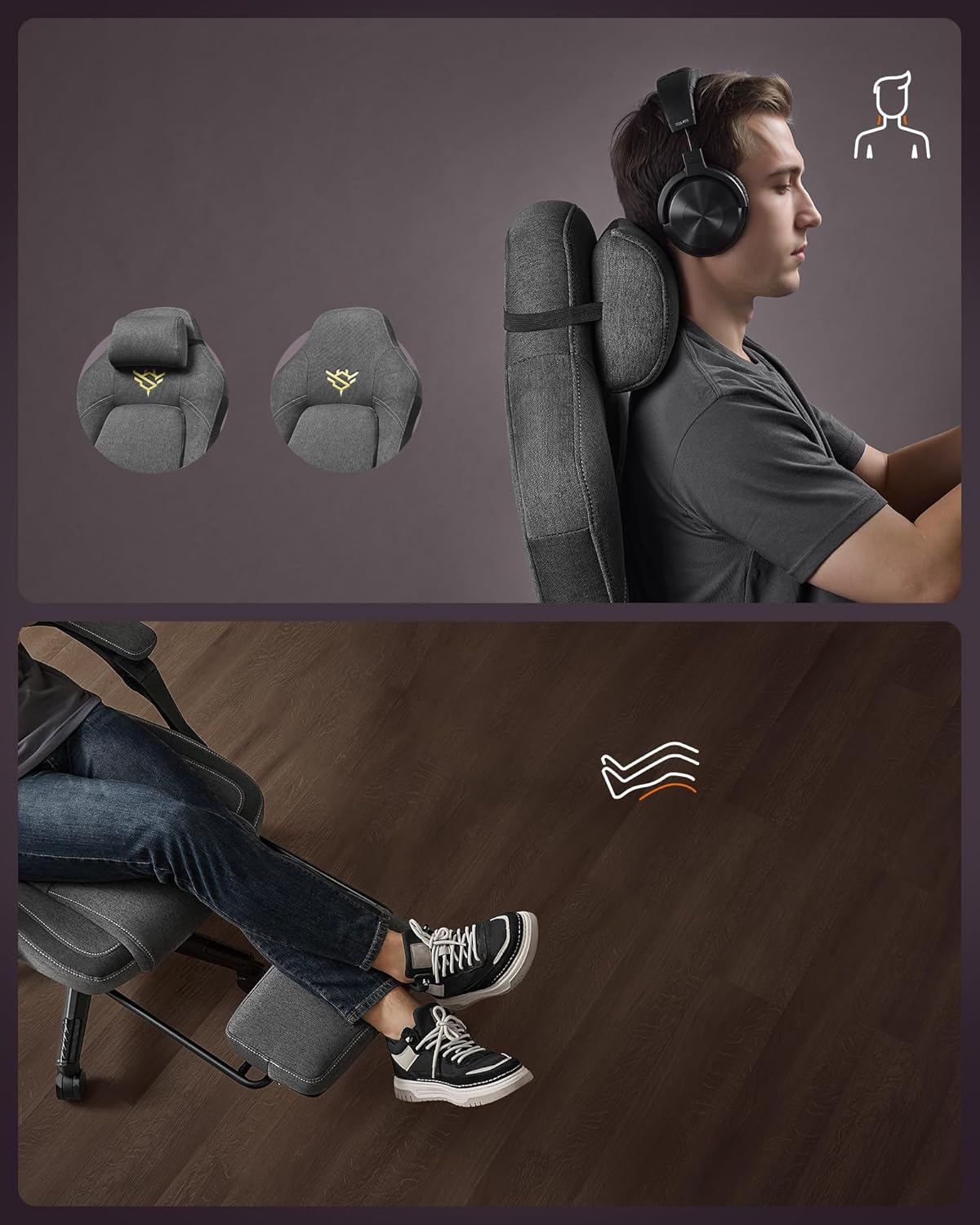 SONGMICS Scaun gaming ergonomic cu suport picioare, material textil bumbac si in, maxim 150 kg, 70x70x129 cm, gri