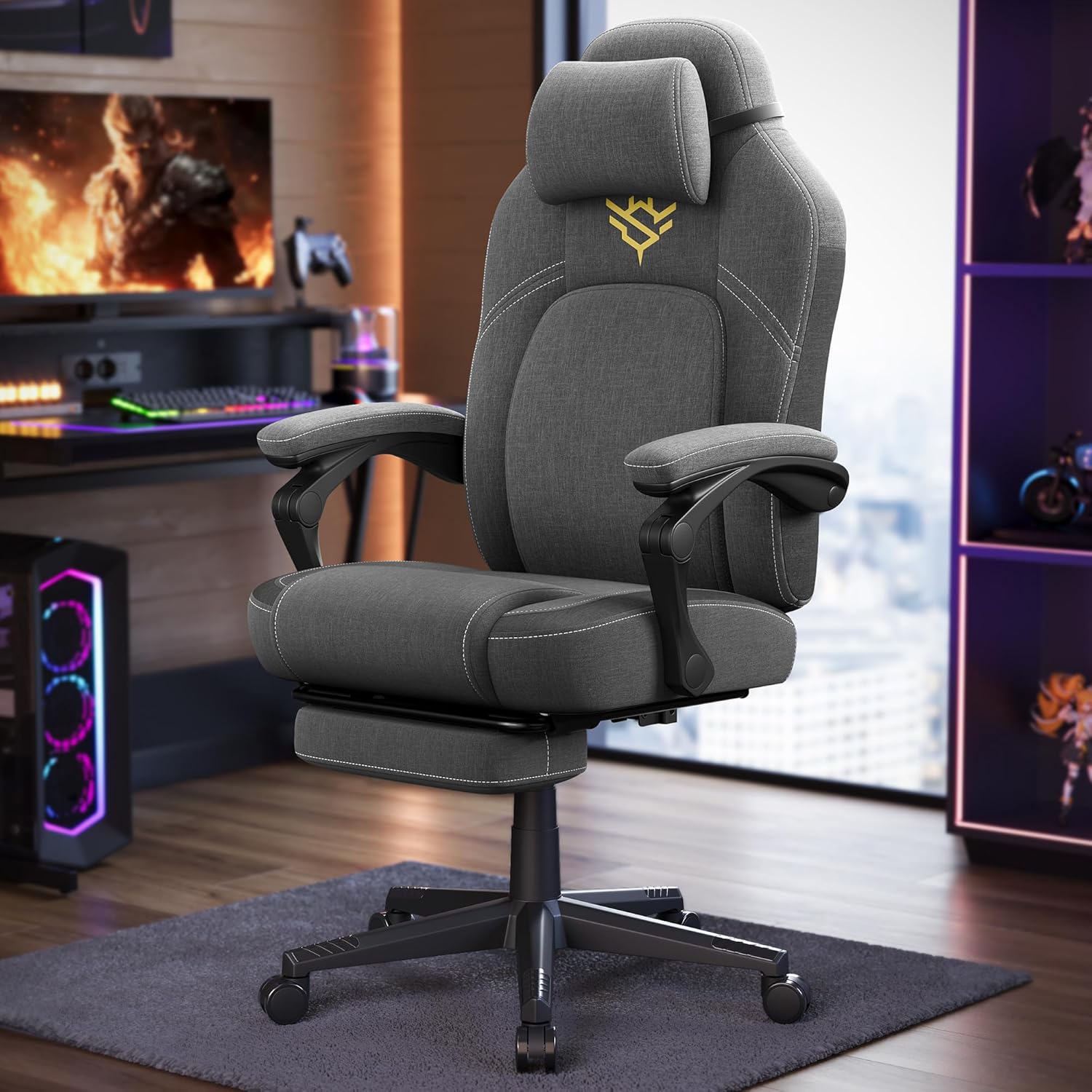 SONGMICS Scaun gaming ergonomic cu suport picioare, material textil bumbac si in, maxim 150 kg, 70x70x129 cm, gri