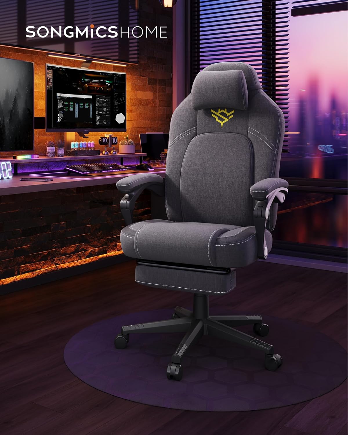 SONGMICS Scaun gaming ergonomic cu suport picioare, material textil bumbac si in, maxim 150 kg, 70x70x129 cm, gri