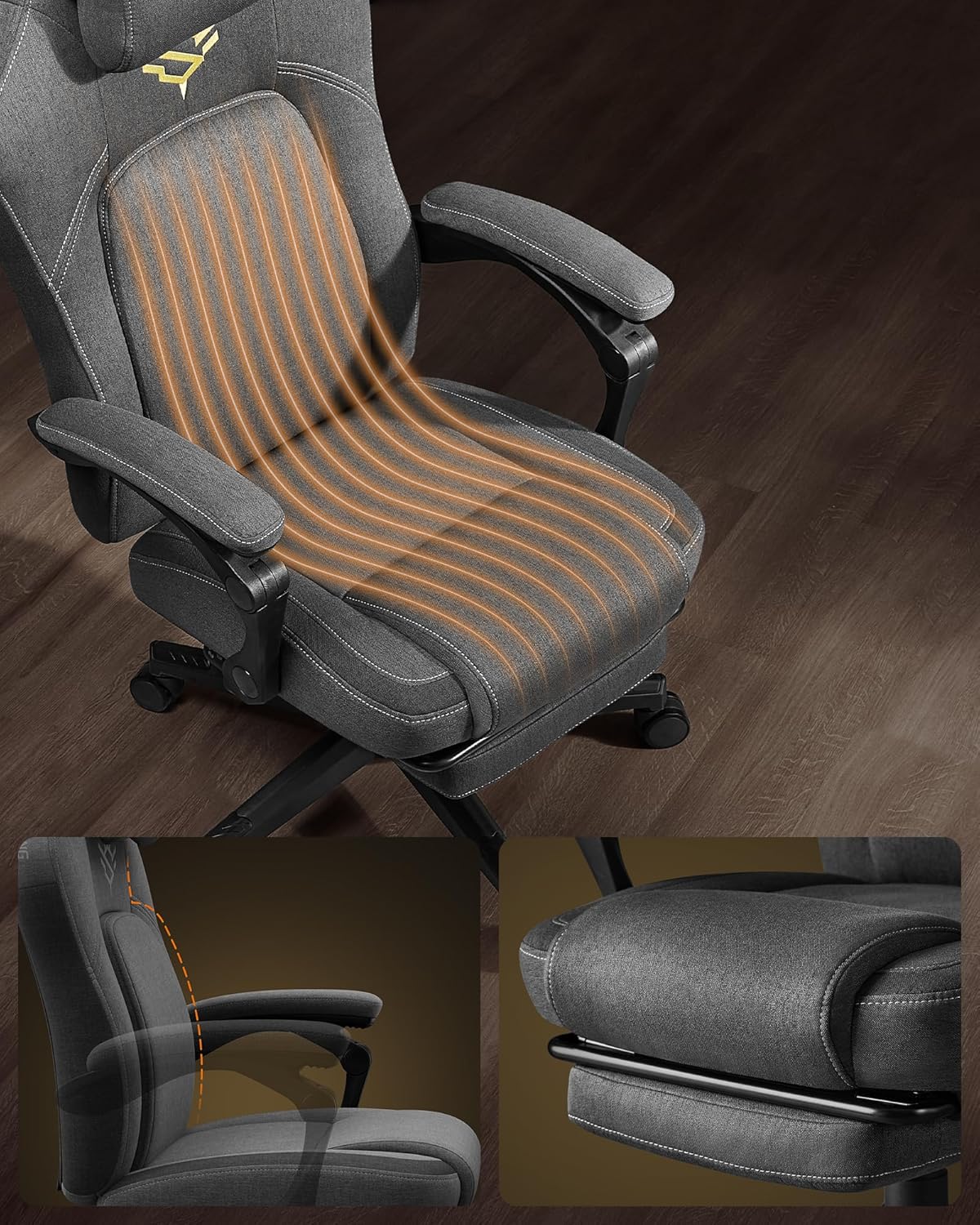 SONGMICS Scaun gaming ergonomic cu suport picioare, material textil bumbac si in, maxim 150 kg, 70x70x129 cm, gri